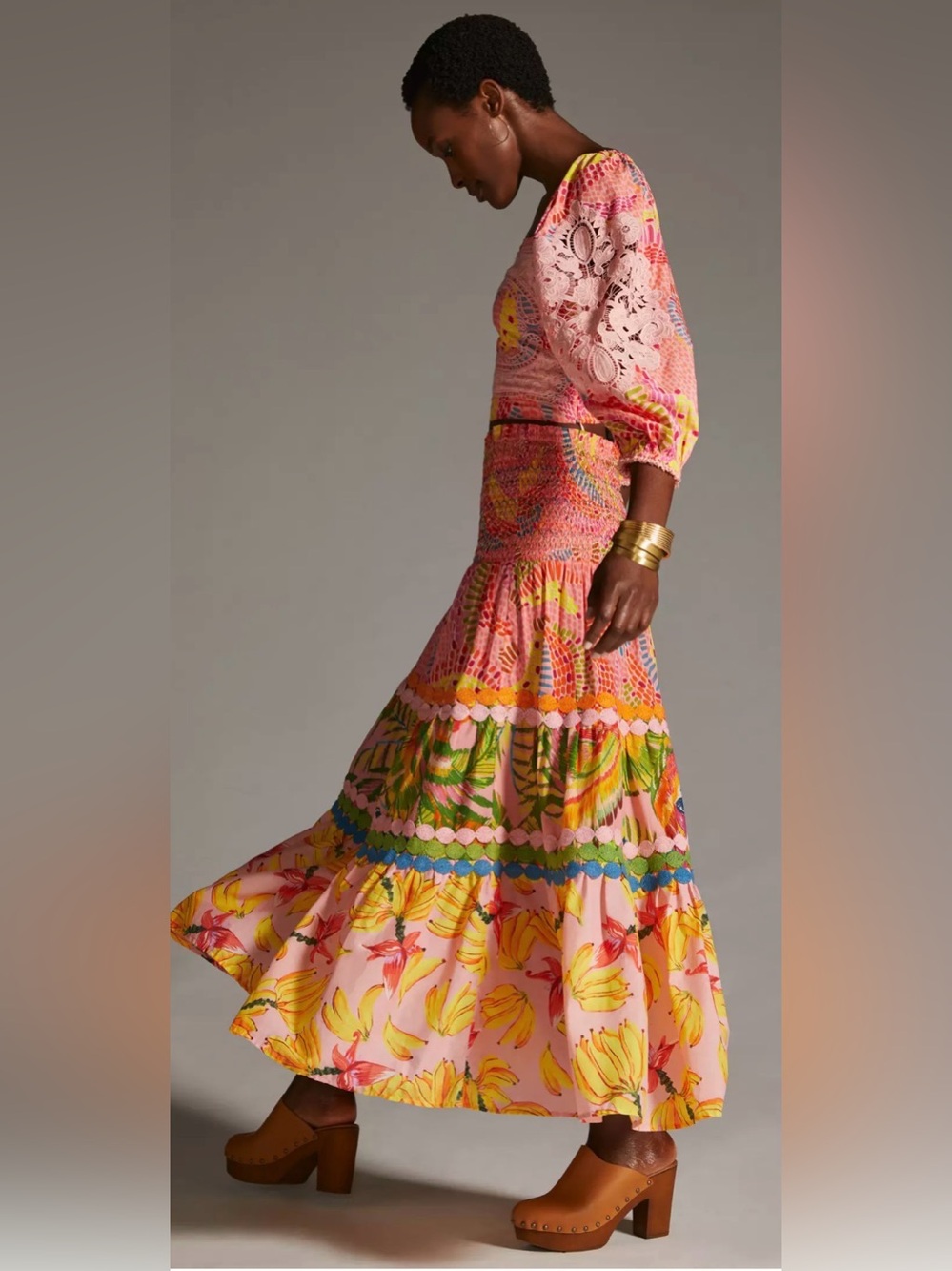 FARM Rio Dotted Bananas Pink Floral & Tropical Tiered Maxi Skirt